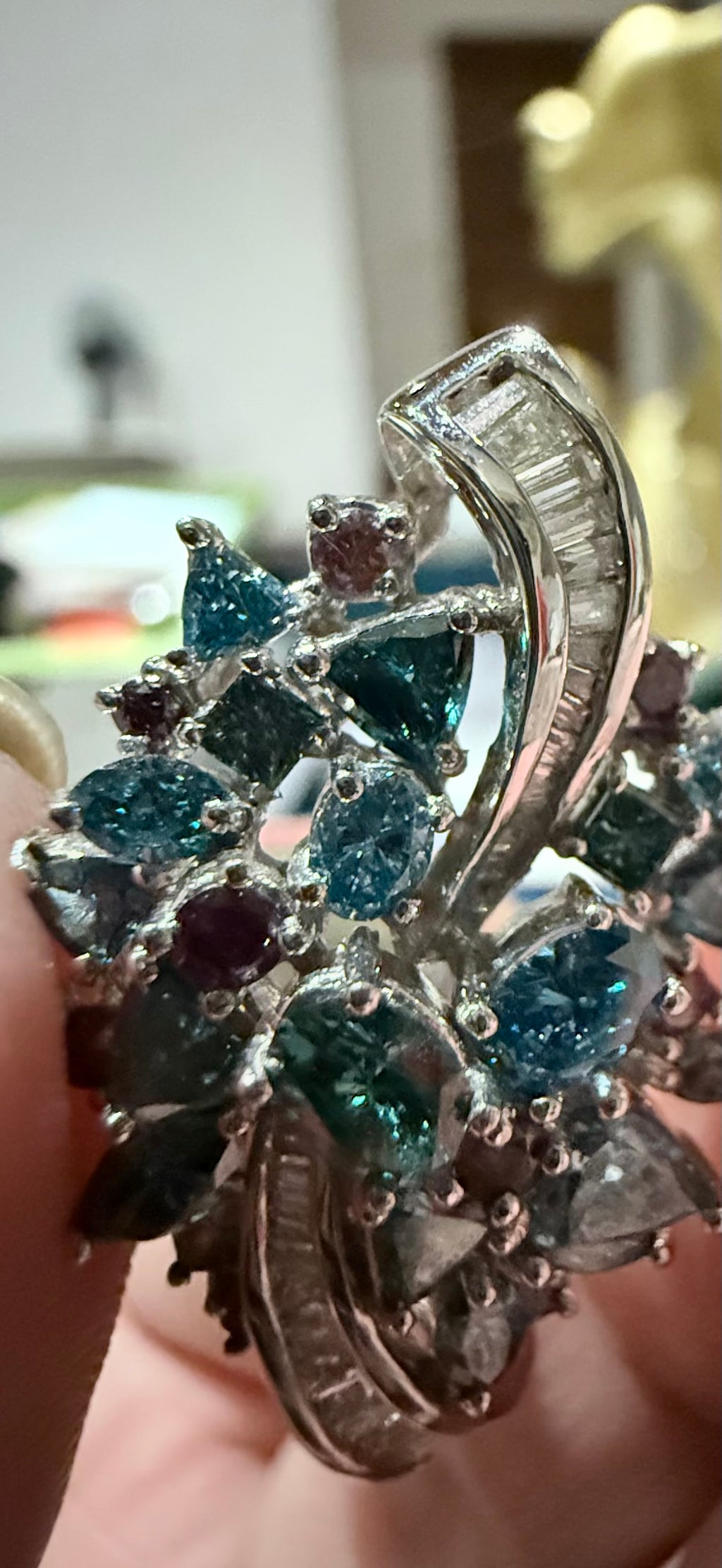 Natural Blue Diamond & Ruby Floral Pendant – 18K White Gold Treated