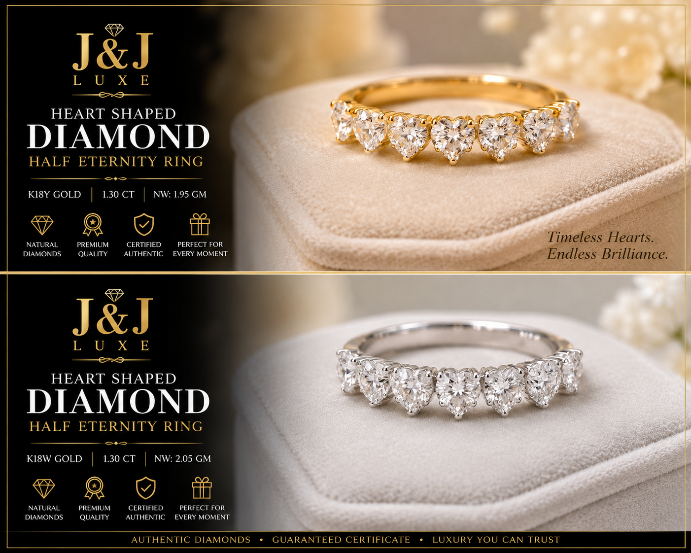 Half Eternity Heart Diamond Ring 1.30 CT – 18K White & Yellow Gold